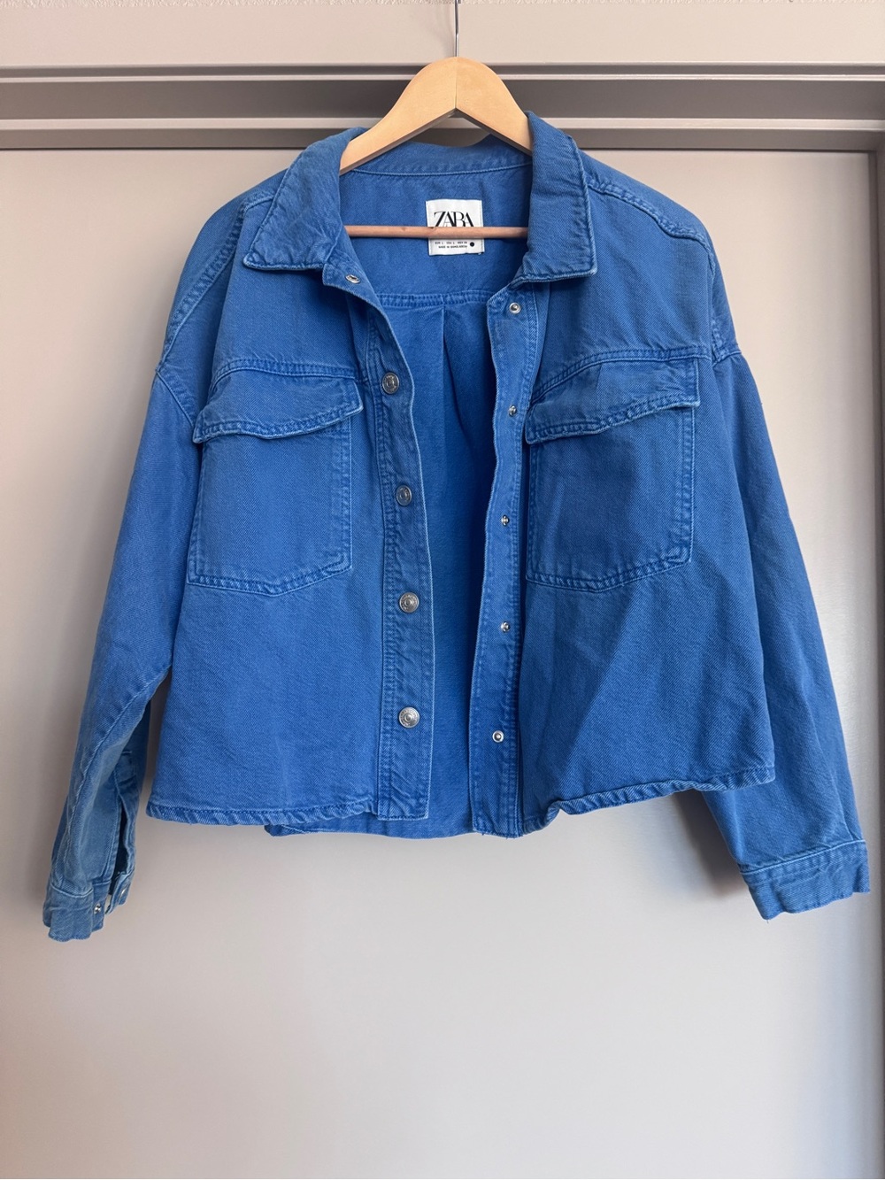 Zara Cropped Denim Overshirt Jacket Size L Blue 100% Cotton Boxy Shacket